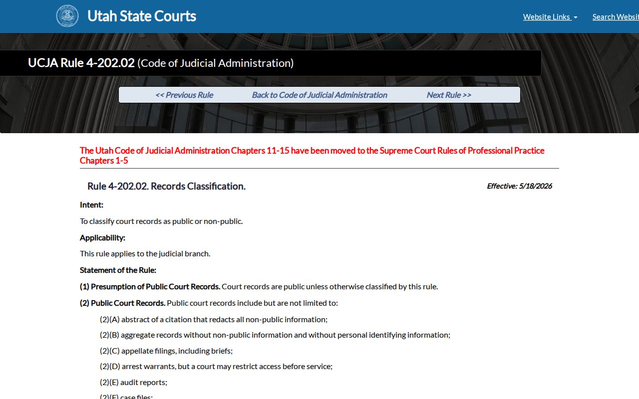 Utah court record docket classification rule for public and sealed records