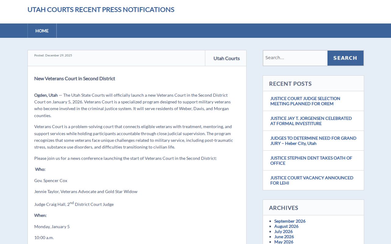 Utah Veterans Court program announcement and case docket context