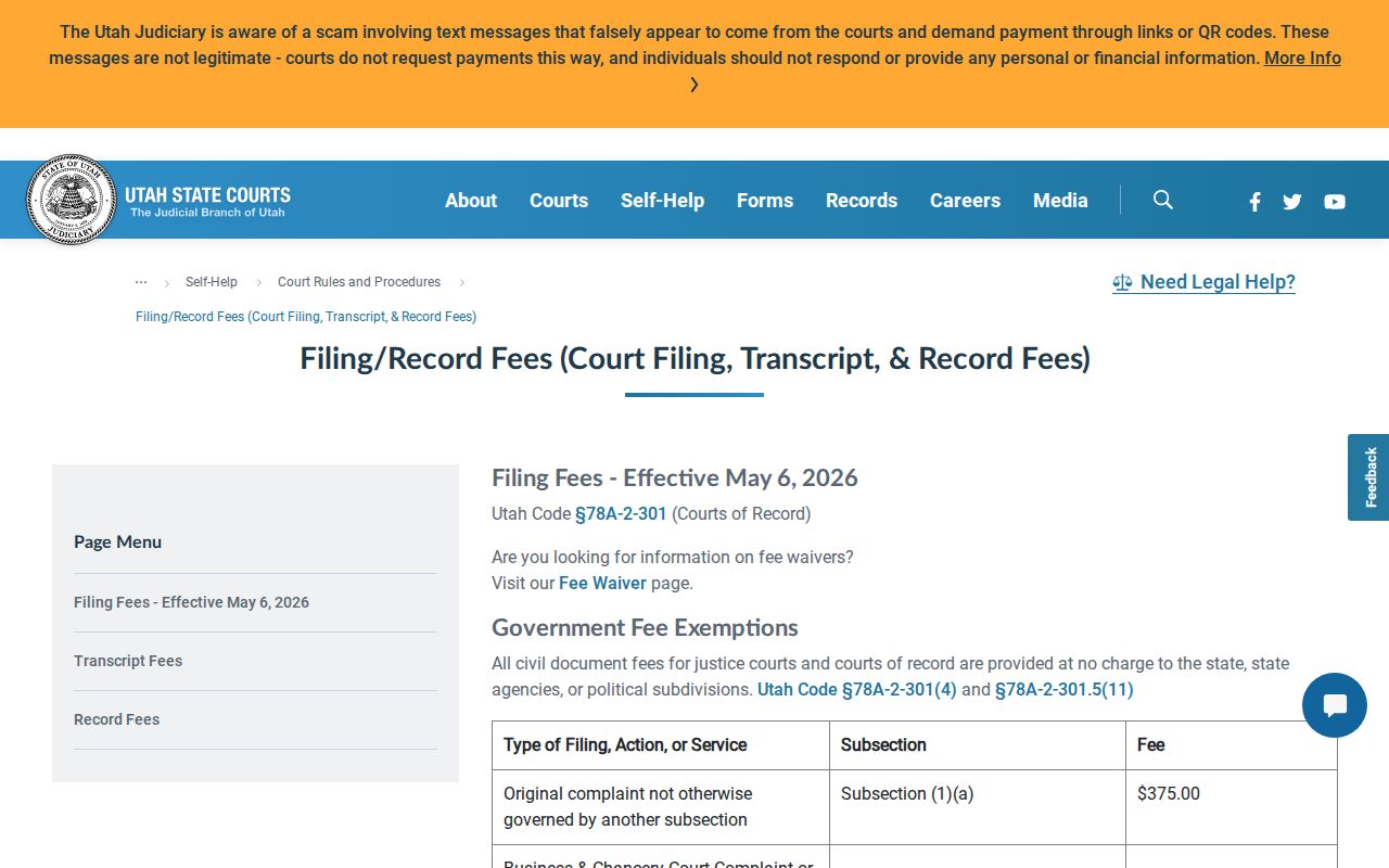 Utah court record copy and certified-copy fees