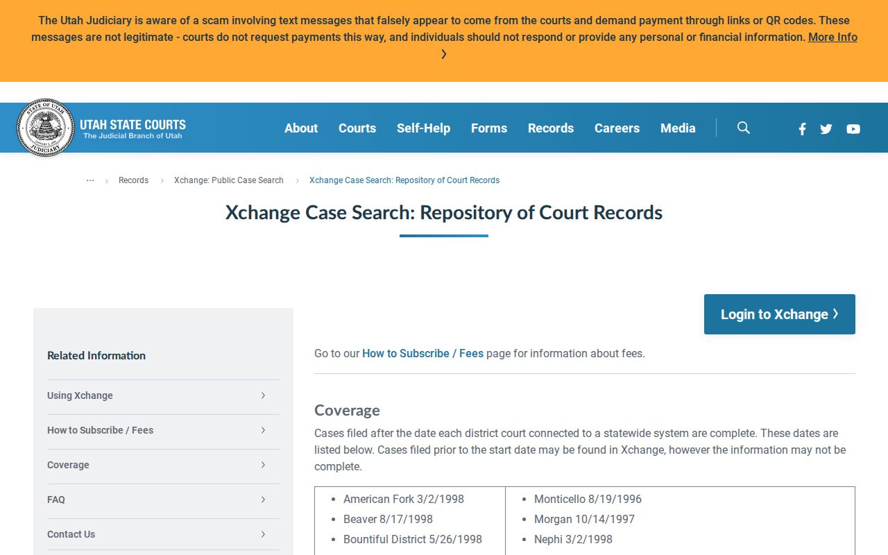 Utah Xchange case coverage dates by court location