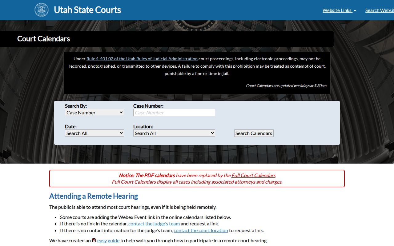 Utah court calendar search portal for statewide court dates